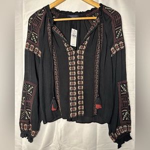 American Eagle Black Embroidered Boho Top